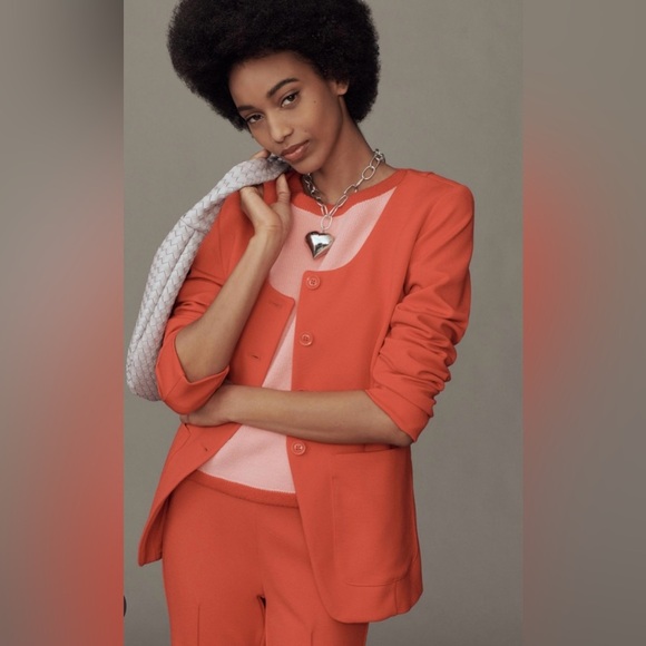 Anthropologie Maeve Blazer Scoop Neck Cutaway Red Jacket - Picture 2 of 11